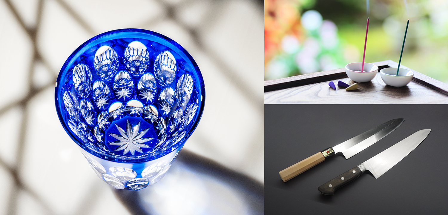Composition of three photos, including blooming reflection effect of Temma Kiriko glass, minimal Sakai incense sticks burning in nature, and two Sakai knives on display.